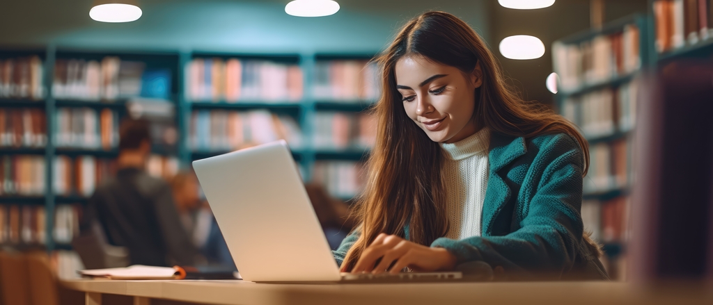 A girl sits in the library with an open laptop.