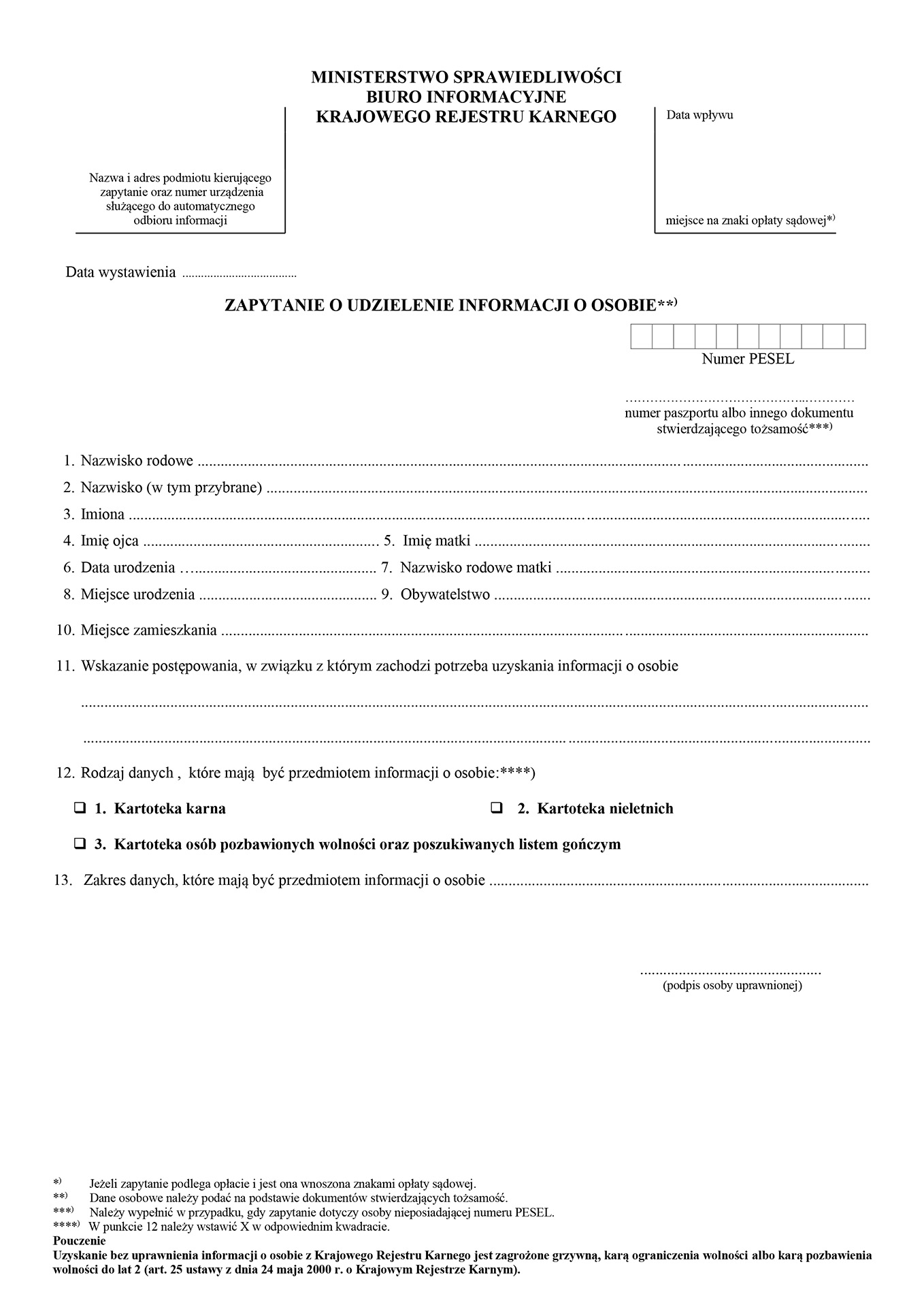 Formularz - zapytanie o udzielenie informacji o osobie