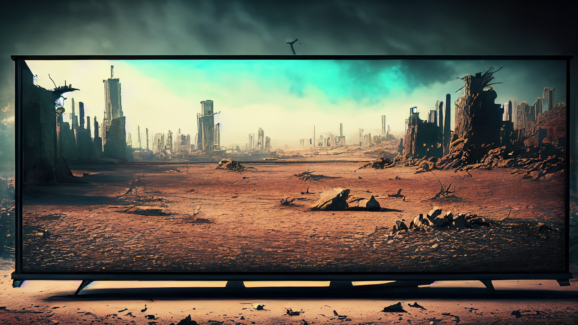 Telewizor, na którym widać postapokaliptyczne ruiny miasta.