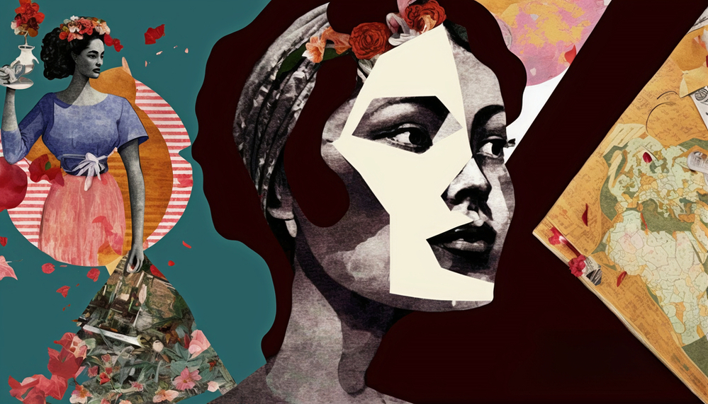 A collage referring to Women's Day with a dominant woman's face in the centre