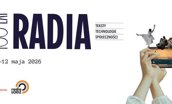 na zdjęciu widać kilka postaci, są to kobiety i mężczyźni. Stoją i siedzą. Jedna tańczy. Wszyscy stoją na starym radioodbiorniku, z kolei radio trzymane jest przez dwie dłonie. Po lewej stronie widać napis 100 lat radia, teksty, technologie, społeczności