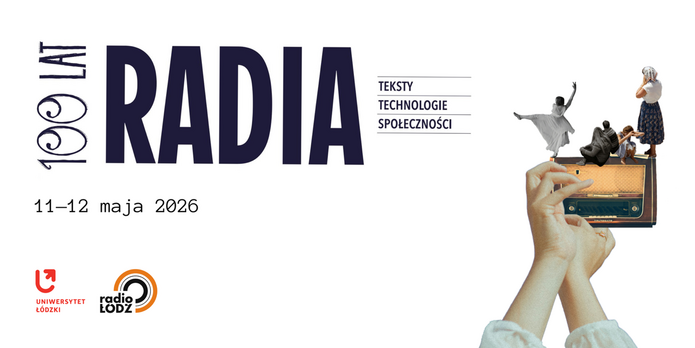 na zdjęciu widać kilka postaci, są to kobiety i mężczyźni. Stoją i siedzą. Jedna tańczy. Wszyscy stoją na starym radioodbiorniku, z kolei radio trzymane jest przez dwie dłonie. Po lewej stronie widać napis 100 lat radia, teksty, technologie, społeczności