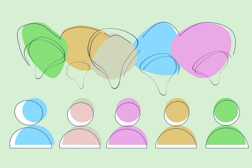 Na ilustracji widzimy pięć uproszczonych, kolorowych ikon przedstawiających postacie ludzkie – stylizowane na awatary. Każda z postaci ma inny kolor: niebieski, różowy, fioletowy, żółty i zielony. Nad każdą z tych postaci znajdują się kolorowe dymki rozmowy