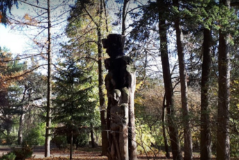 fotografia przedstawiajaca fragment ladu z pomnikiem wyrzezbionym z pnia drzewa