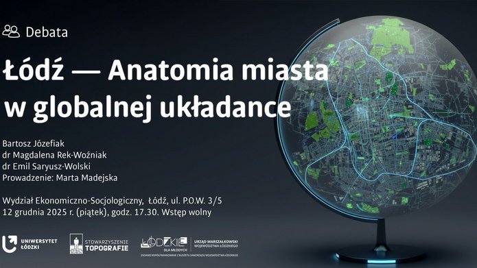 Baner informacyjny o wydarzeniu. Główny element to globus wypełniony w całości mapą Łodzi