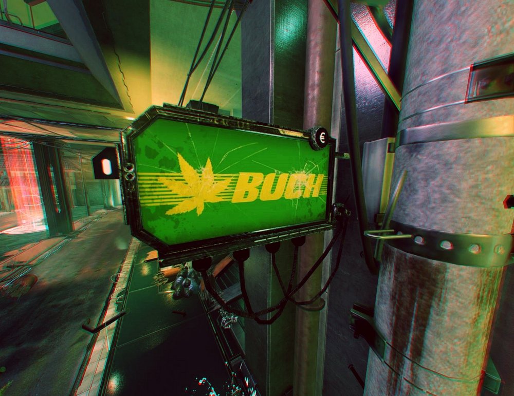 An image from the game: a glowing sign with the inscription "Buch"