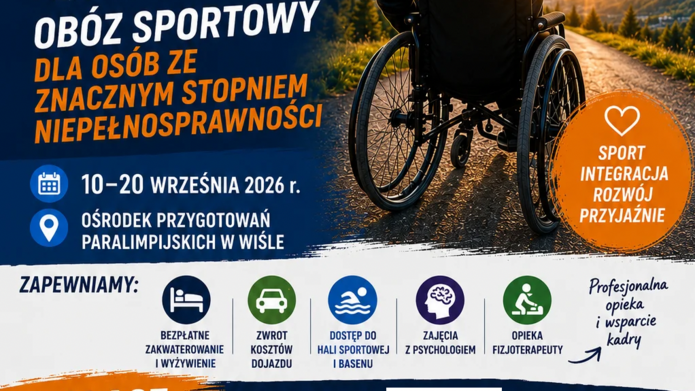 Plakat zaproszenia na obóz sportowy w Wiście. w doknej części QRkod przekierowujący do formularza zgłoszeniowego
