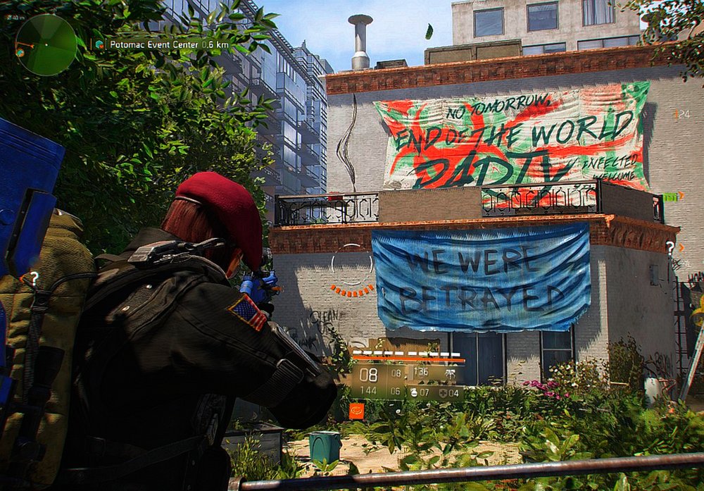 An image from the game: a soldier wearing a beret and signs with inscriptions in the distance: a view from behind his back 