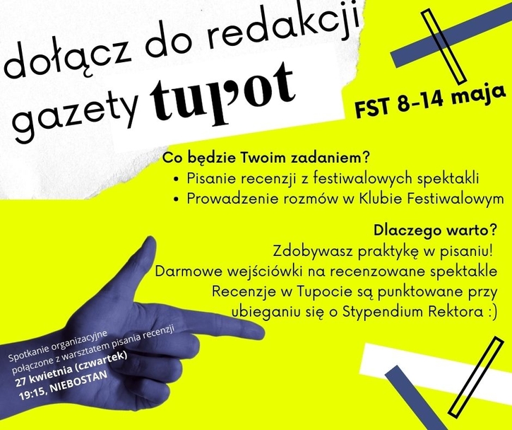 Plakat przedstawiający czarny tekst na żółtym tle, zachęcający do udzialu w redakcji gazety TUPOT.