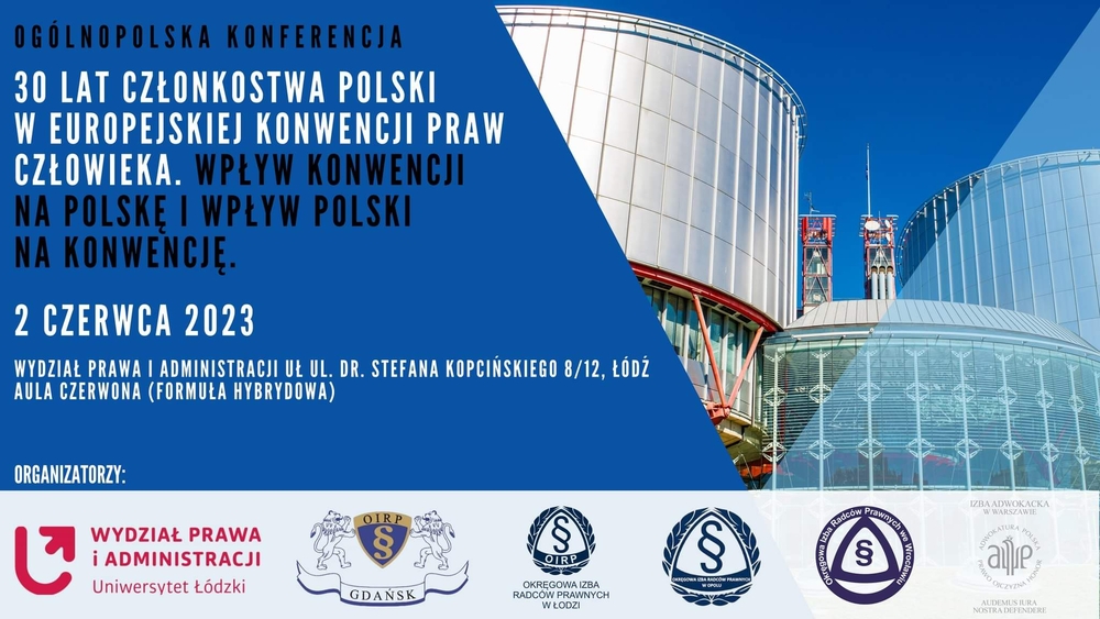 Plakat z nazwą konferencji, logo partnerów i budynkiem w tle.