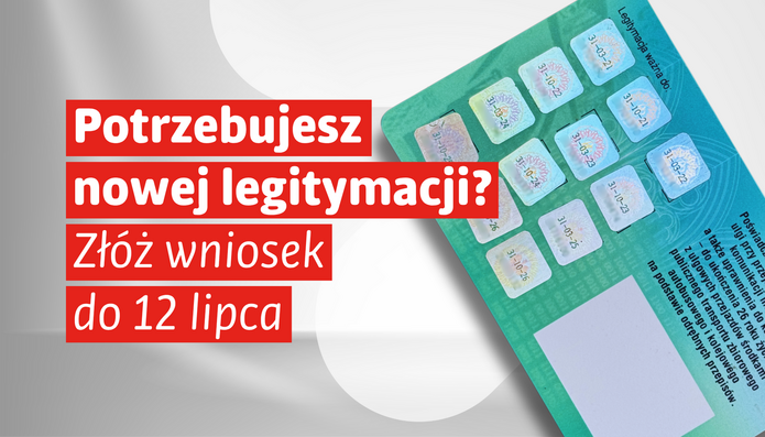 Grafika informacyjna dotycząca składania wniosków o wydanie nowej legitymacji studenckiej. Po prawej stronie znajduje się zbliżenie na zieloną legitymację studencką z polami na hologramy potwierdzające jej ważność. Po lewej stronie, na czerwonych polach tekstowych, umieszczono biały napis: „Potrzebujesz nowej legitymacji? Złóż wniosek do 12 lipca”. Tło jest jasne, minimalistyczne, z subtelnymi szarymi elementami graficznymi. Całość ma prosty, czytelny charakter i zwraca uwagę na ważny termin związany z wydaniem legitymacji.