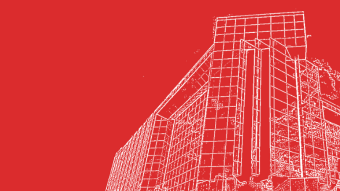 Baner wydarzenia, rysunek Biblioteki UŁ na czerwonym tle