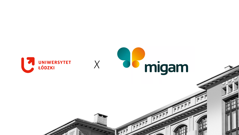 The University of Lodz Rector's Office building with the Migam logo z logo Migam